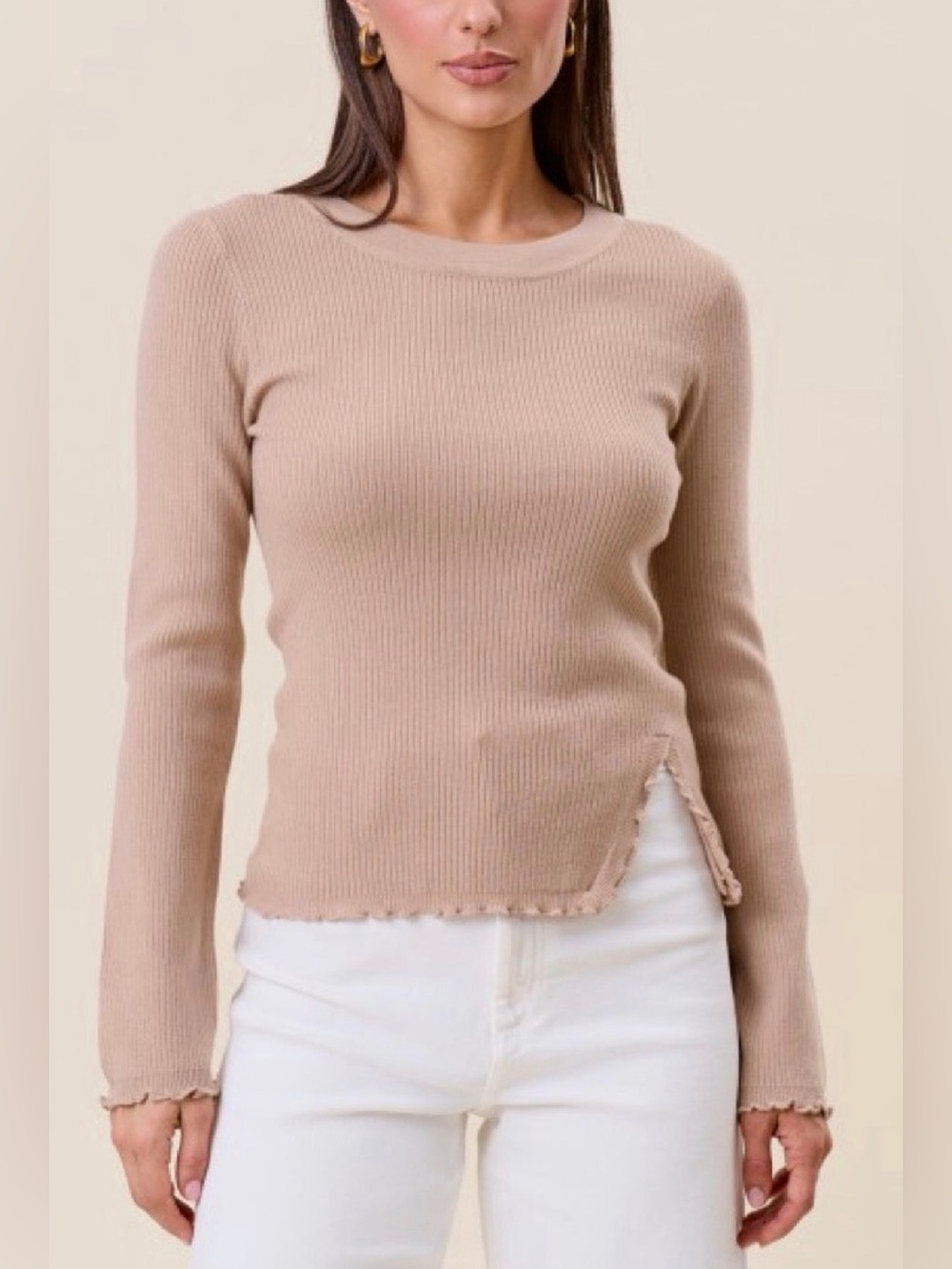 Ribbed Long-Sleeve Crewneck Top - Taupe
